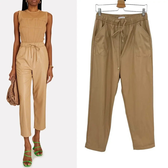 Intermix Kiston‎ Cropped Vegan Leather Pants Beige Drawstring Waist Size 8 - Picture 1 of 12